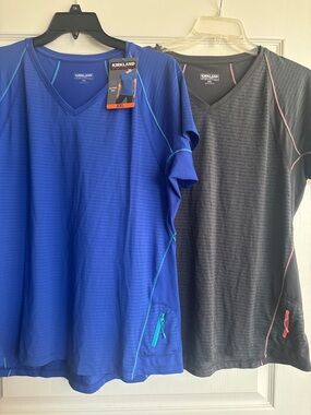 2 Kirkland Signature Short Sleeve V-Neck Tees in Blue and Charcoal
